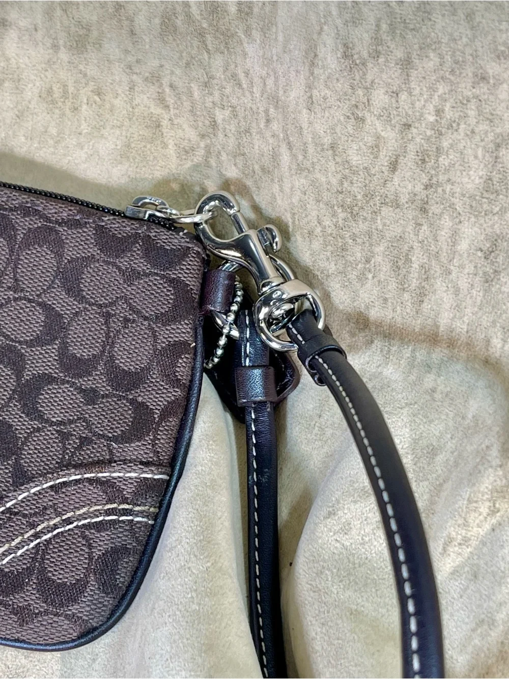 Coach Brown Signature Canvas Wristlet with Contrast Stitching